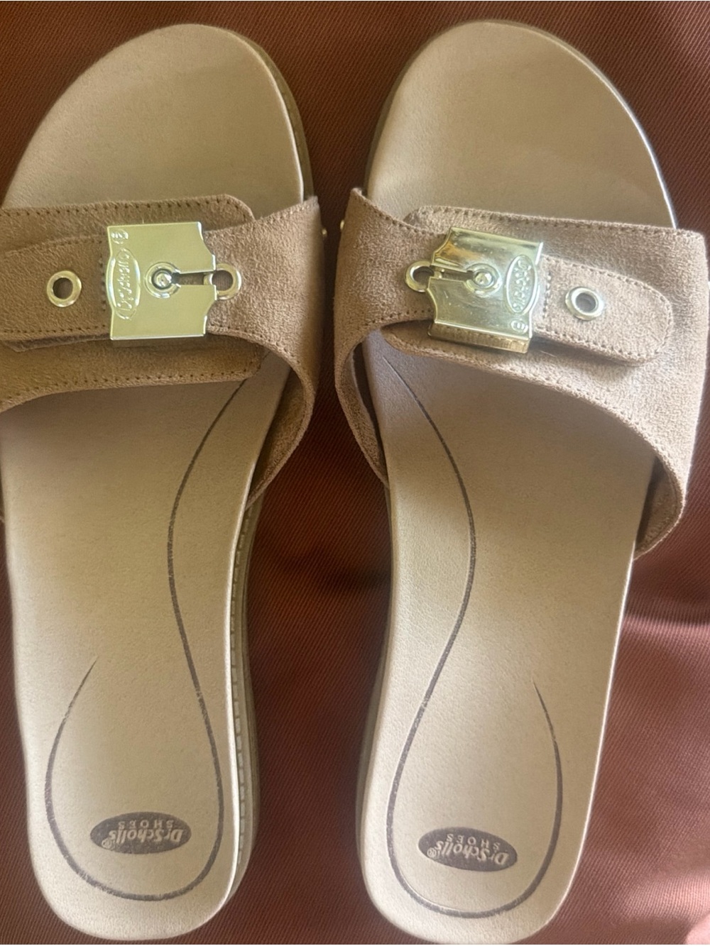 Dr. Scholl's Suede Tan Slide Sandals with Gold Buckle Accent